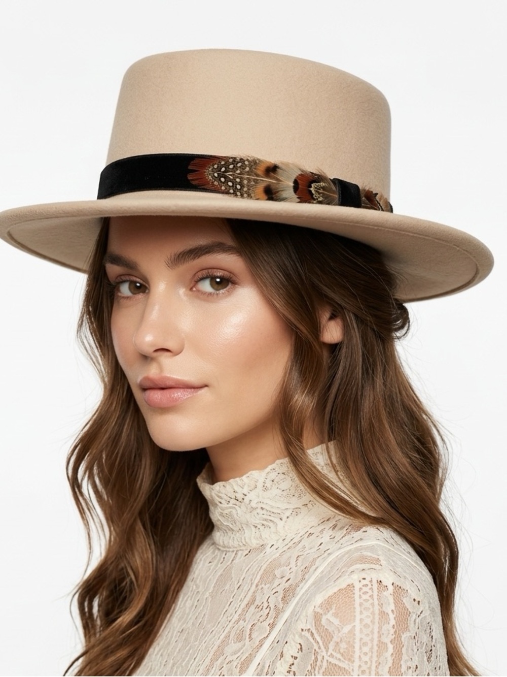 Importina Flat Crown Hat Rolled Brim Feather Band Wool Felt Cream OS